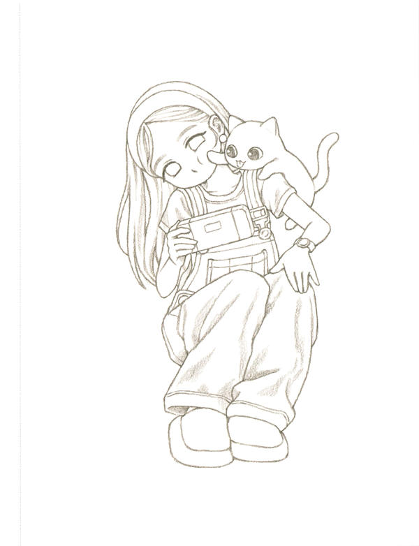 20260321172753_026 Uncolored cat coloring page for adults with a kitten nuzzling a girl's cheek as she holds a camera.