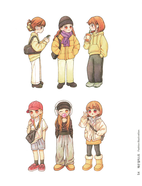 20260321172753_053 Six autumn outfits colored in soft pencil, from the fashion illustration coloring pages chapter.