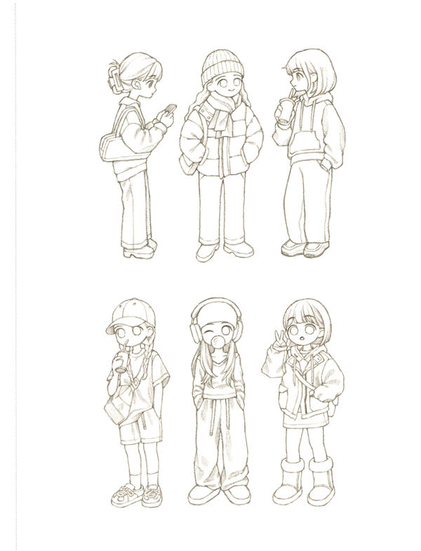 20260321172753_054 Korean street style coloring page with six full-body figures in puffer coats, beanies and wide-leg trousers.