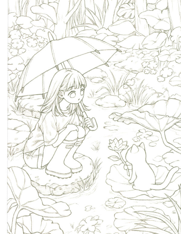 20260321172753_060 Rainy day coloring page of a girl in rain boots watching a cat hold a lotus flower among lily pads.