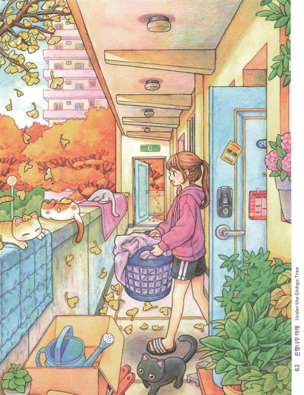 20260321172753_061 Autumn scene coloring design shown in full color — ginkgo leaves falling along an apartment walkway lined with cats.
