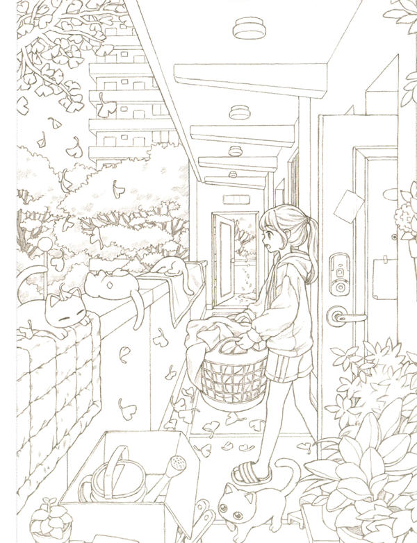20260321172753_062 Detailed scene coloring page for adults: a girl carries laundry past sleeping cats and drifting ginkgo leaves.