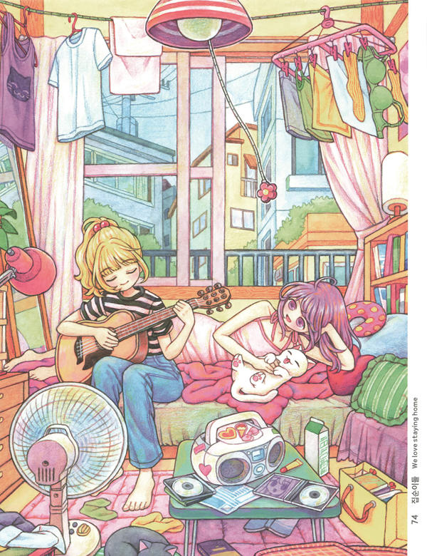 20260321172753_073 Cozy coloring page brought to life in pencil, two friends with a guitar, a cat and an electric fan.