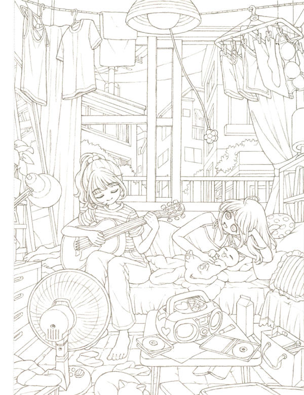20260321172753_074 Everyday life coloring page of a cluttered summer bedroom with a cassette player, records and a stretching cat.