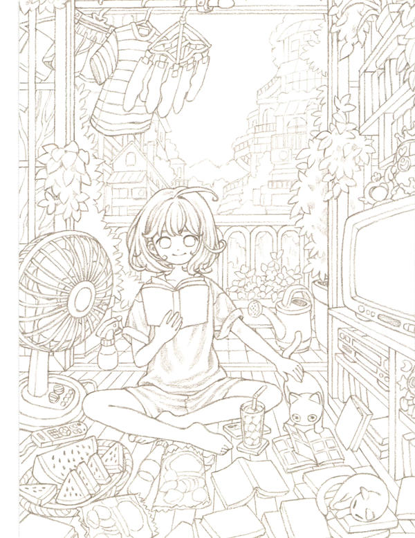 20260321172753_082 Summer coloring page called Summer Vacation — a girl reads cross-legged beside watermelon, a fan and dozing cats.