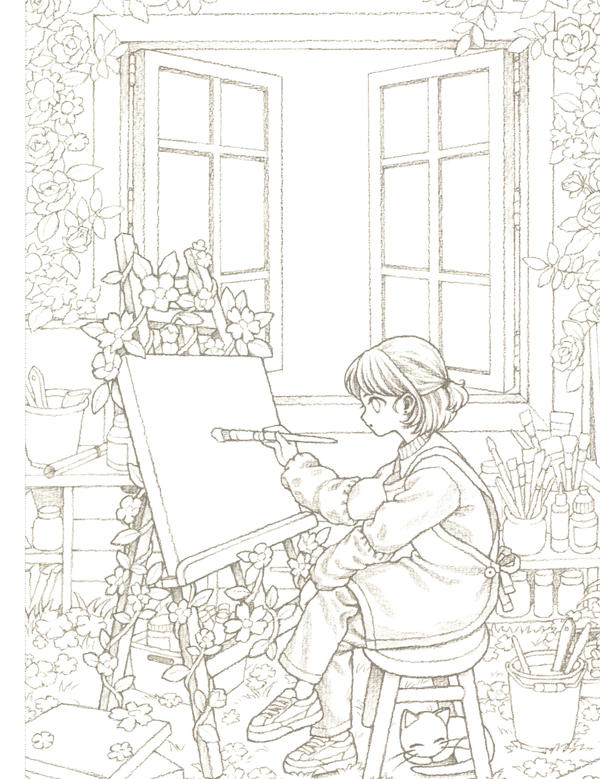 20260321172753_086 Printable Korean coloring page of an artist at her easel by an open window framed with climbing roses.