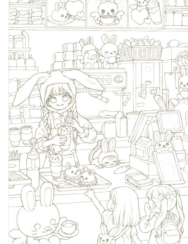 20260321172753_088 Cafe coloring page set in a rabbit cafe, with bunny-topped drinks, plush shelves and a hooded barista.
