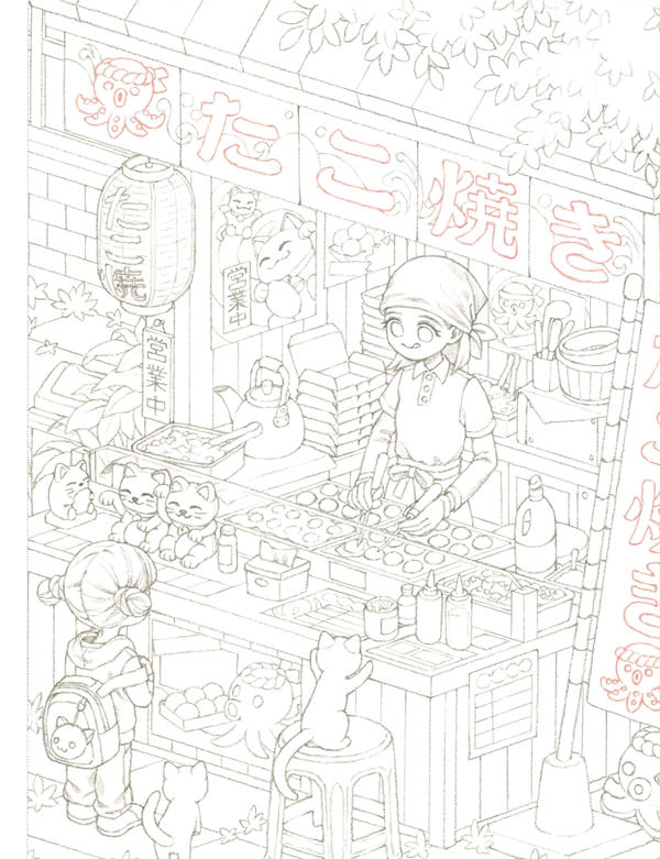 20260321172753_092 Food stall coloring design of a takoyaki shop, complete with paper lanterns, lucky cats and a waiting child.