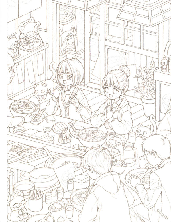 20260321172753_094 Ramen shop coloring page packed with steaming bowls, chopsticks, maneki-neko figures and curious cats.