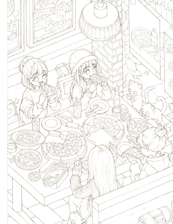 20260321172753_096 Adult coloring book page of friends sharing pizza around a busy table while cats circle for a bite.