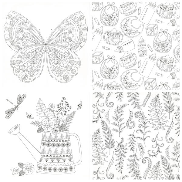 a Pregnancy coloring book pages showing a detailed butterfly, baby bibs and bottles, a flower-filled watering can with bees, and a botanical fern pattern ready to colour.