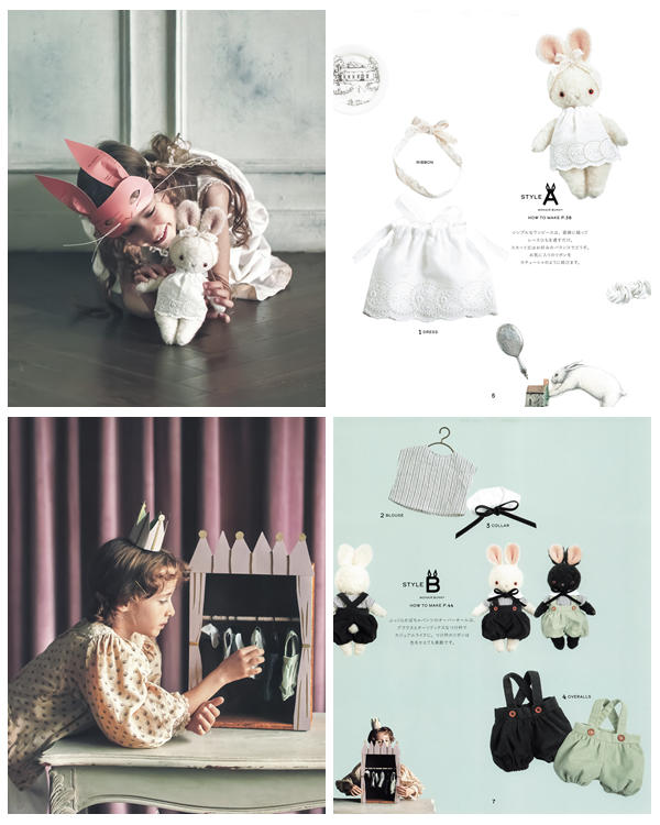 a Doll clothes sewing patterns spread showing a white bunny in an eyelet dress with ribbon, and a black bunny in blouse, collar, and overalls