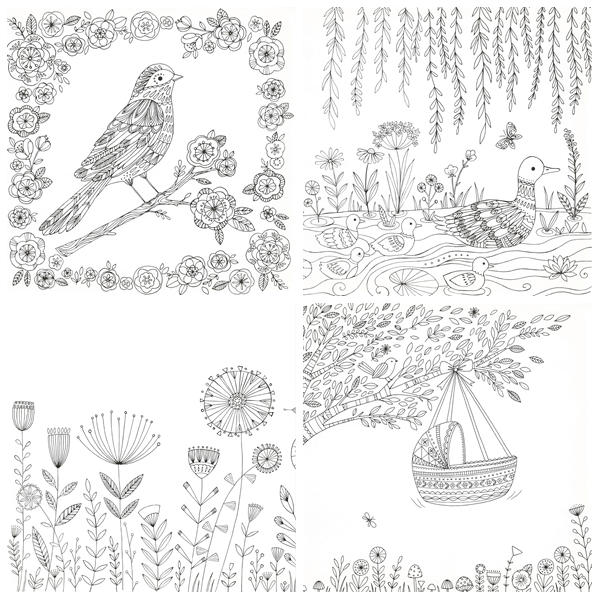 b Calming pregnancy coloring book illustrations featuring a bird in a floral frame, a duck family on a willow pond, a dandelion meadow, and a baby Moses basket hanging from a tree.