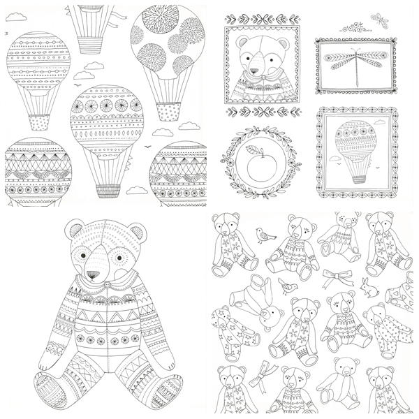 c Pregnancy coloring book pages showing hot air balloons in the sky, framed teddy bear portraits, a large detailed teddy bear, and a scattered teddy bear pattern for mindful colouring.