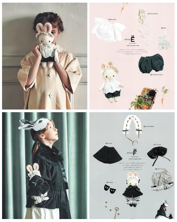 c Bunny doll clothes sewing patterns showing Style E blouse and pumpkin pants, and Style F black cloak with head dress, collar, and shoes