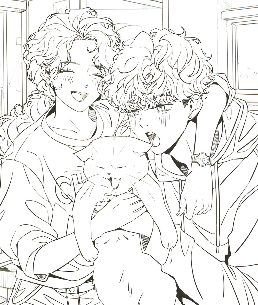 chimo-coloring-book-page-friends-cat CHIMO coloring book page of two curly-haired friends laughing while holding a wide-eyed cat.