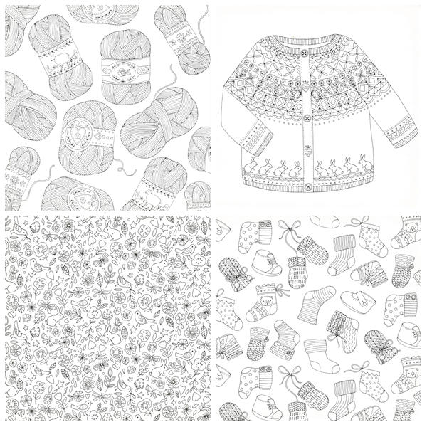 d Mums to be coloring book pages featuring yarn balls and mittens, a detailed baby cardigan with bunny trim, a scattered floral pattern, and a collection of baby socks and booties.