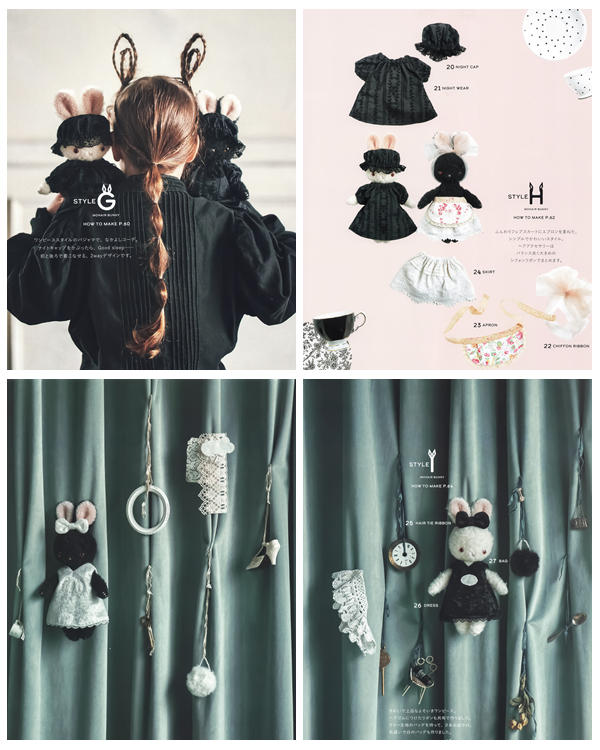 d Black nightwear and nightcap doll outfit with apron and chiffon ribbon details, and miniature bunny dolls displayed hanging from a decorative curtain rod