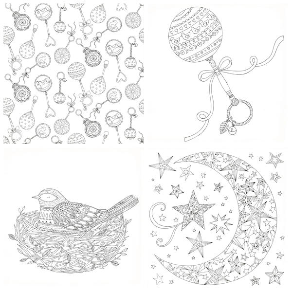 e Pregnancy coloring book illustrations showing a baby rattle pattern, a decorative rattle with bow, a nesting bird, and a crescent moon and stars scene for calm mindful colouring.