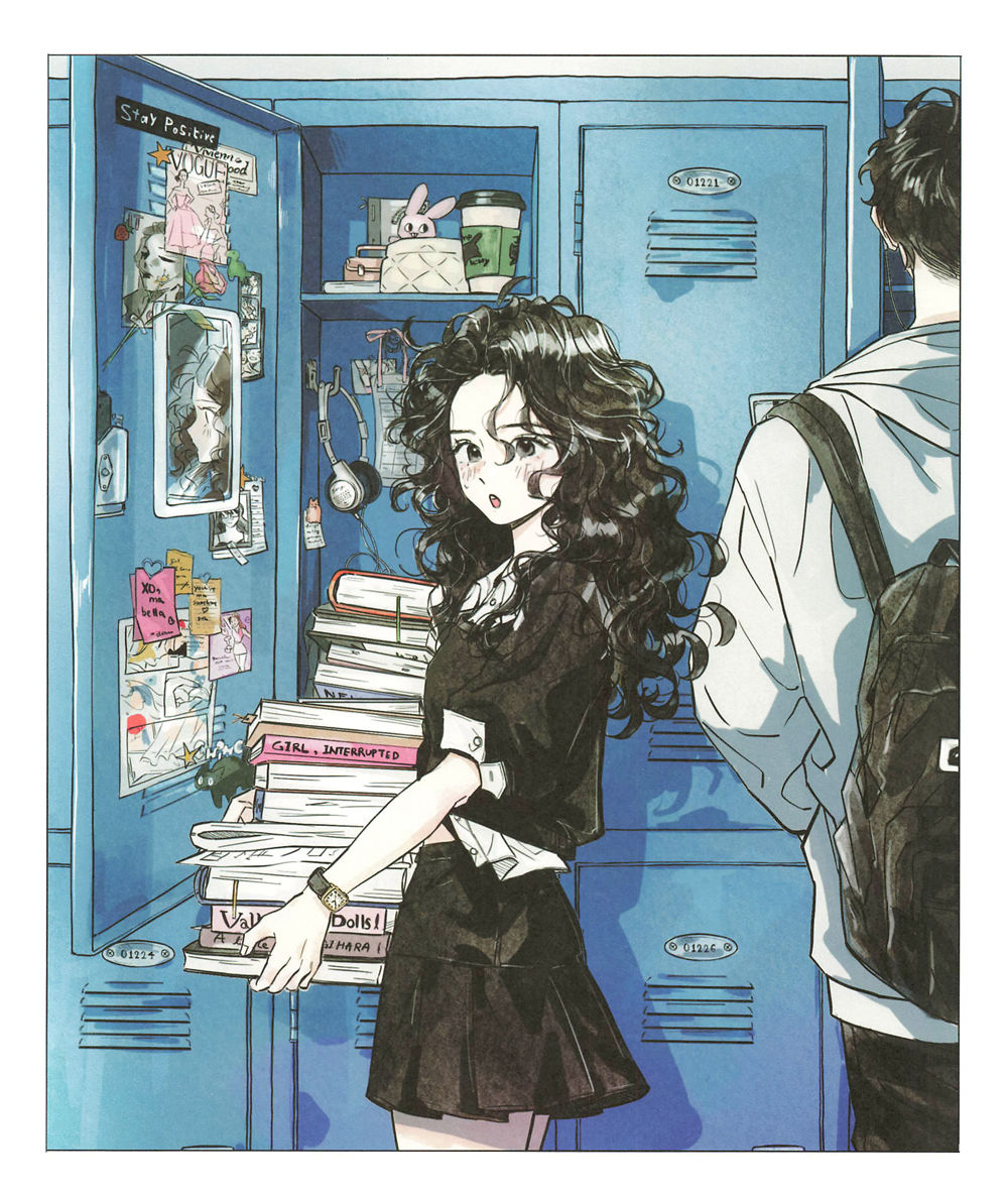 high-teen-coloring-pages-school-locker High teen coloring pages showing a girl balancing a stack of books at an open school locker.