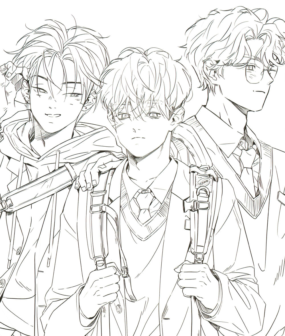 kitsch-fashion-coloring-pages-schoolboys Kitsch fashion coloring pages featuring three uniformed schoolboys posed together in backpacks and ties.