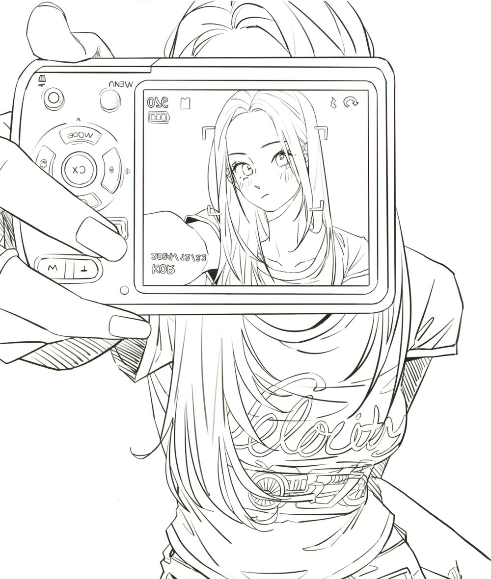 korean-fashion-coloring-book-mirror-selfie-page Korean fashion coloring book page of a girl snapping a mirror selfie with a compact digital camera.