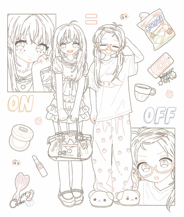 p02 Coloring page of two girls in dress-up and pajama outfits with cute accessories, on-off style spread