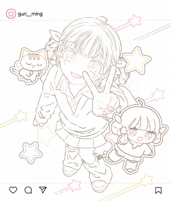 p03 Instagram-frame coloring page of a girl flashing a peace sign with a chibi friend, cat and stars