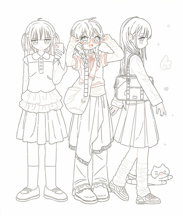 p04 Three girls in trendy Korean fashion line art with ruffled skirts, braids and a cat-badge school bag