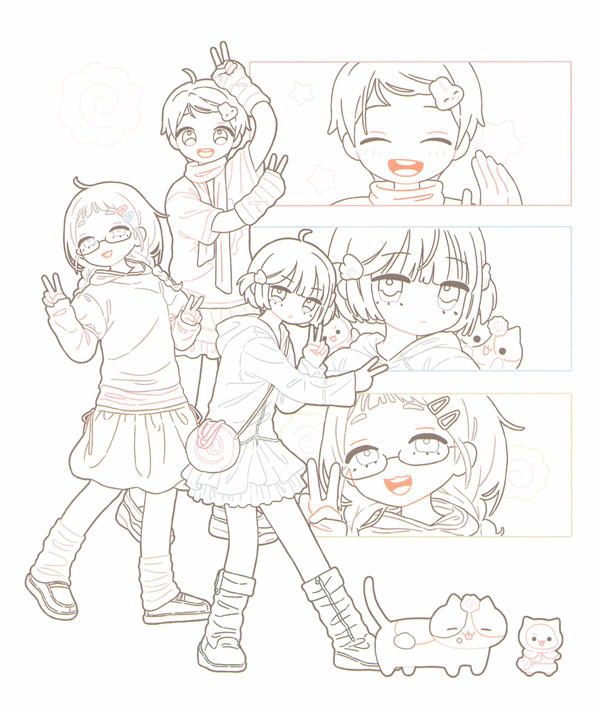 p05 Cute girls coloring page of friends posing with peace signs, close-up panels and tiny cats below