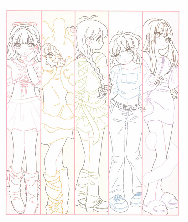 p06 Five-panel line art of girls in different outfit styles, from frilly skirts to jeans and loungewear