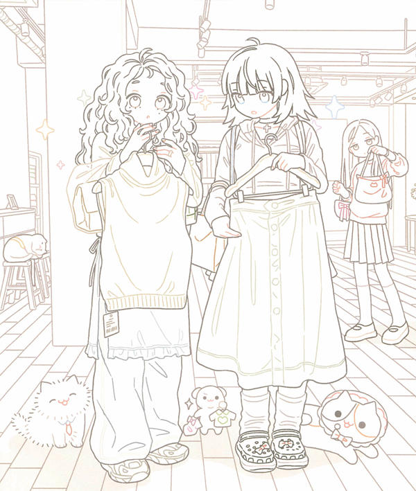 p07 Korean coloring book scene of girls trying on clothes in a boutique, with fluffy cats on the floor