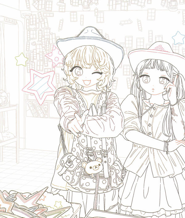 p08 Two girls in cowboy hats browsing star sunglasses at a shop, a playful printable coloring page