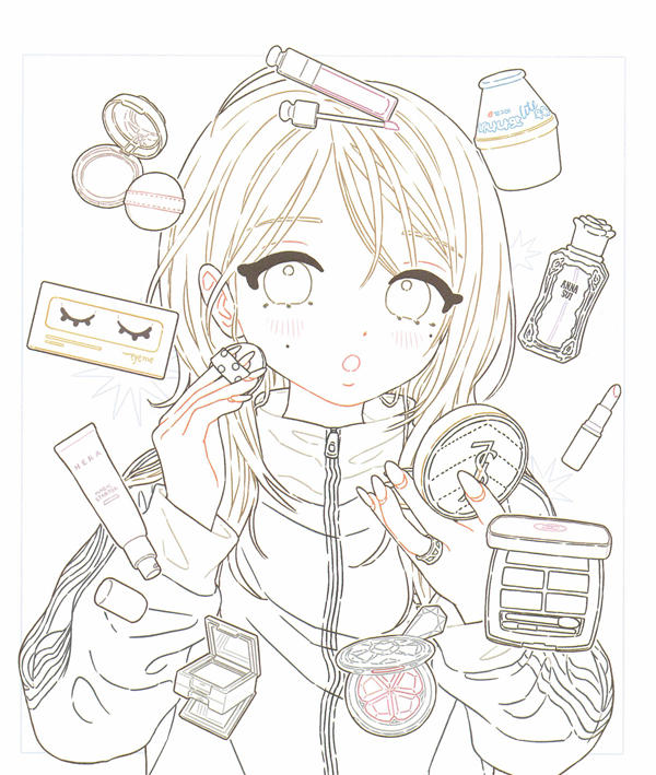 p09 Line art of a girl doing her makeup surrounded by floating K-beauty cosmetics, lipstick and lashes