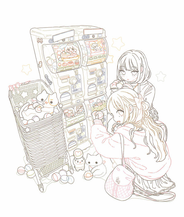 p10 Coloring page of two girls at capsule toy machines with a basket of gacha balls and kitten friends