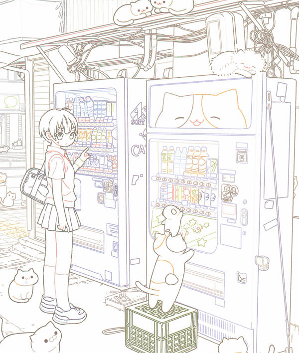 p11 Aesthetic coloring page of a girl choosing drinks at vending machines while cats watch all around