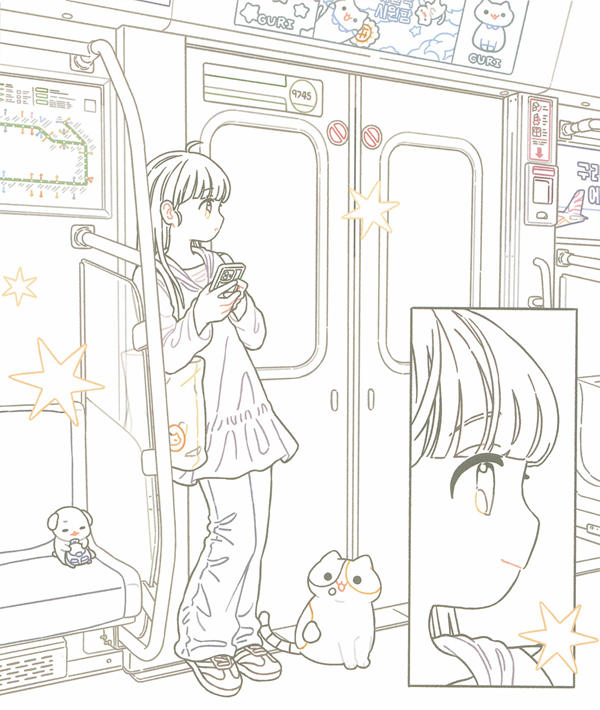 p12 Girl checking her phone on a subway train in this cozy Korean coloring book daily-life scene