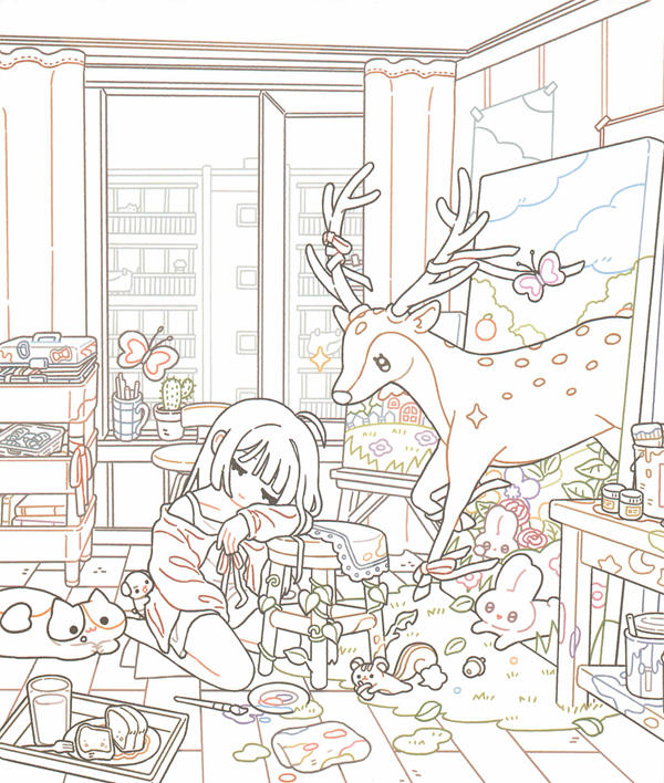 p13 Whimsical line art of a girl dozing at her easel while a gentle deer and bunnies fill her studio