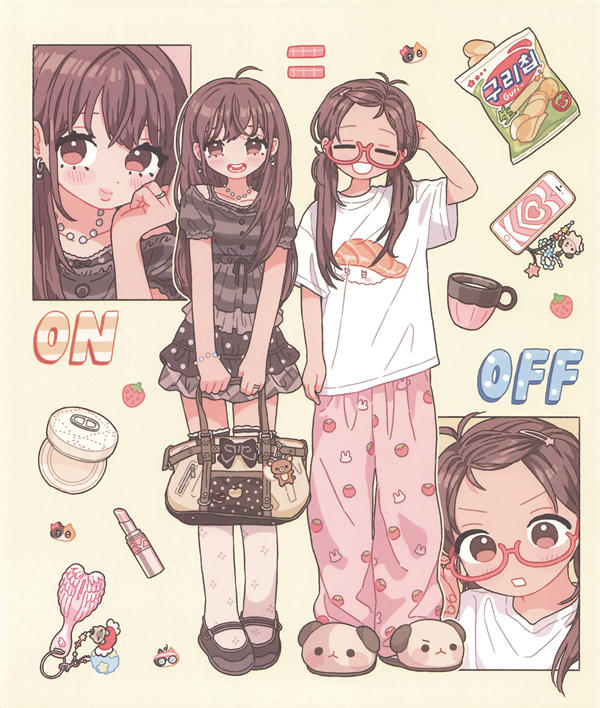 p16 Fully colored on-off outfit page from this Korean coloring book — one girl dressed up, one in strawberry pajamas
