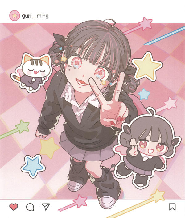 p17 Colored example of the Instagram-frame page, a girl in school uniform flashing a peace sign among pastel stars