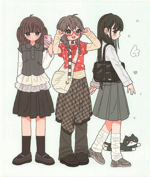 p18 Finished coloring of three girls in Korean street fashion — ruffles, red glasses and layered skirts with a cat