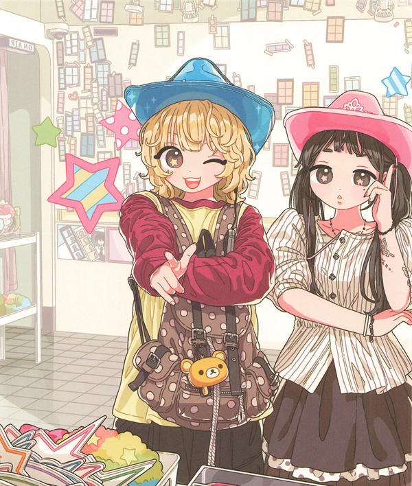 p19 Colored page of two friends in cowboy hats posing at a photo-sticker shop, showing the book's finished style