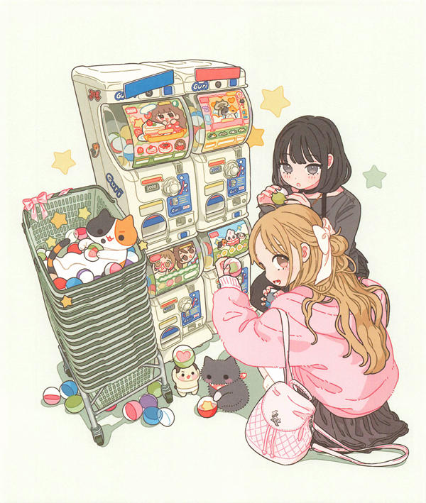 p20 Completed coloring of girls collecting capsule toys at gacha machines with kittens, in soft pastel tones