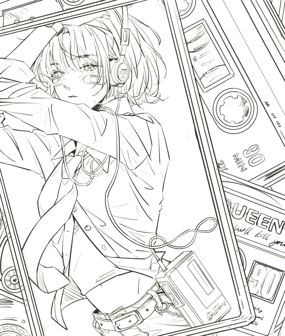 retro-90s-coloring-book-walkman-page Retro 90s coloring book page of a close-up figure wearing headphones beside a cassette walkman and tapes.