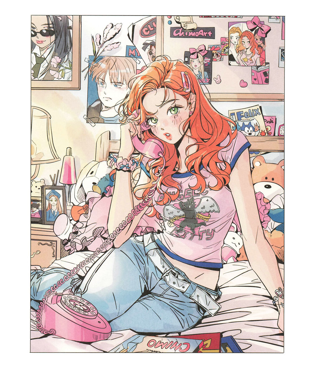 retro-teen-bedroom-phone-call-coloring-page Retro teen fashion coloring page of a girl on a pink princess phone in a poster-covered 90s bedroom.