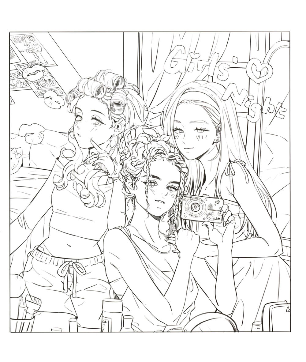 teen-girl-coloring-book-pajama-party-page Teen girl coloring book page of three friends taking a selfie during a hair-curler pajama party.
