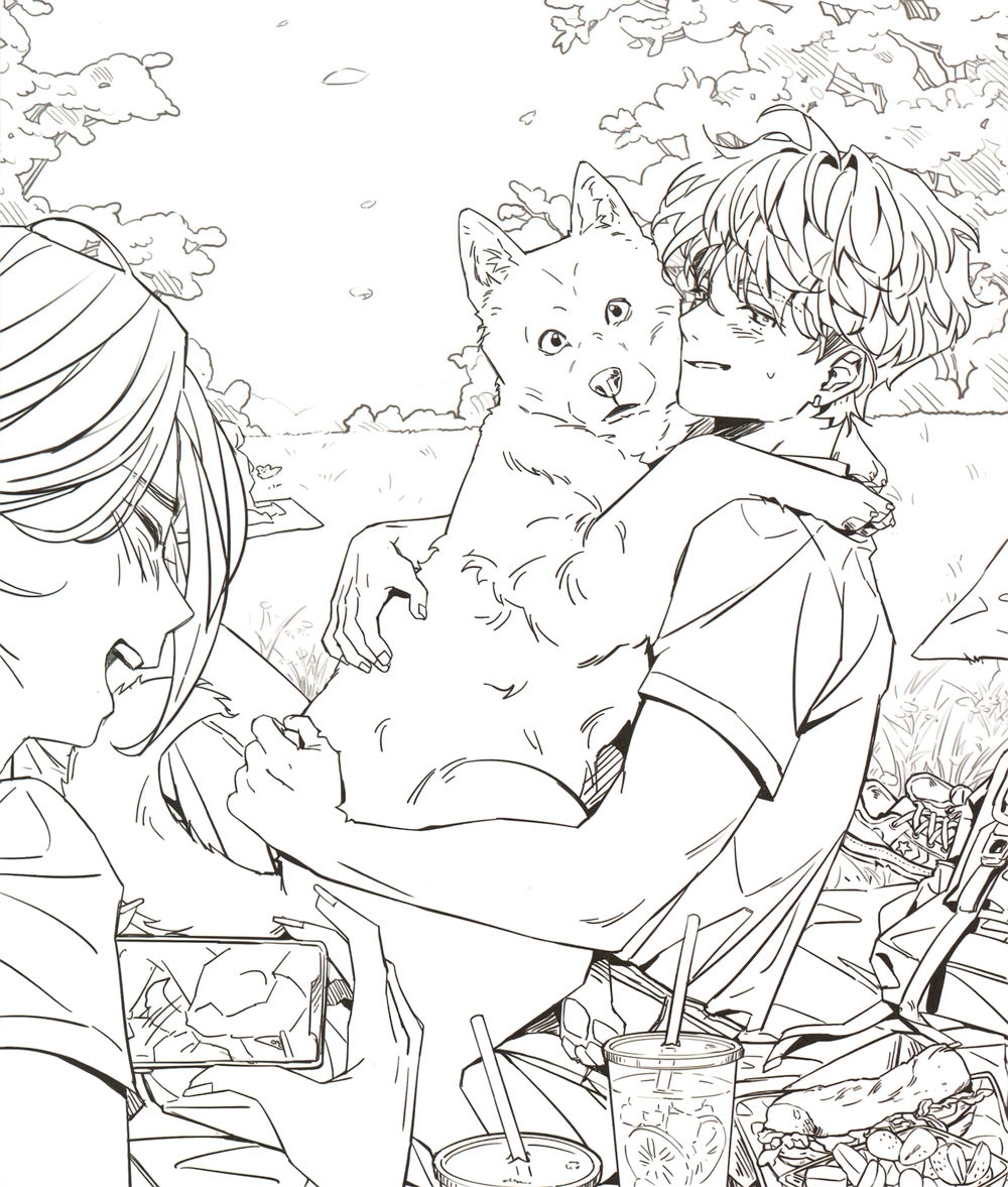 teen-romance-coloring-page-picnic-dog Teen romance coloring page of a couple on a picnic blanket cuddling a small dog outdoors.