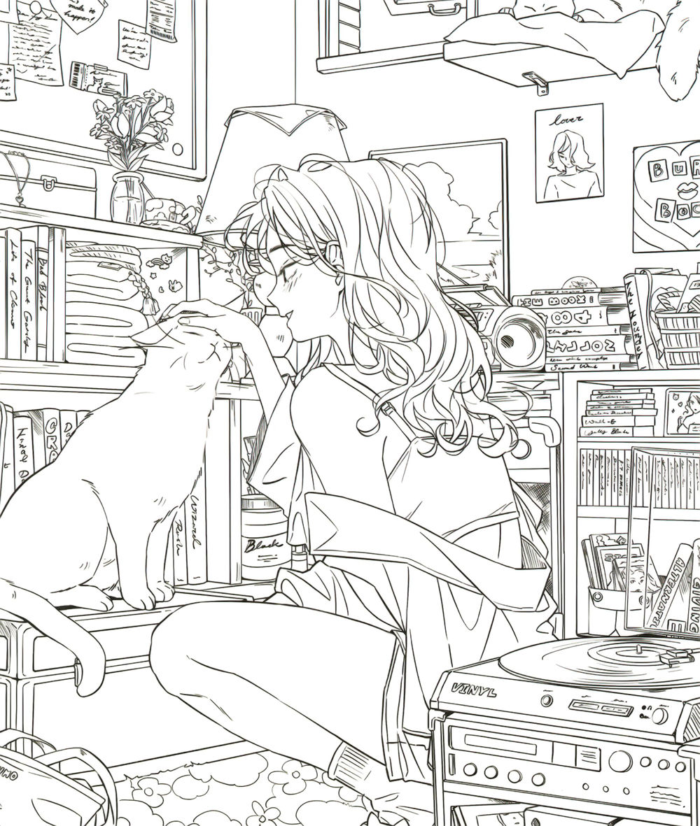 vintage-teen-room-cat-coloring-page Vintage teen room coloring page of a girl petting a cat beside an overflowing bookshelf and record player.
