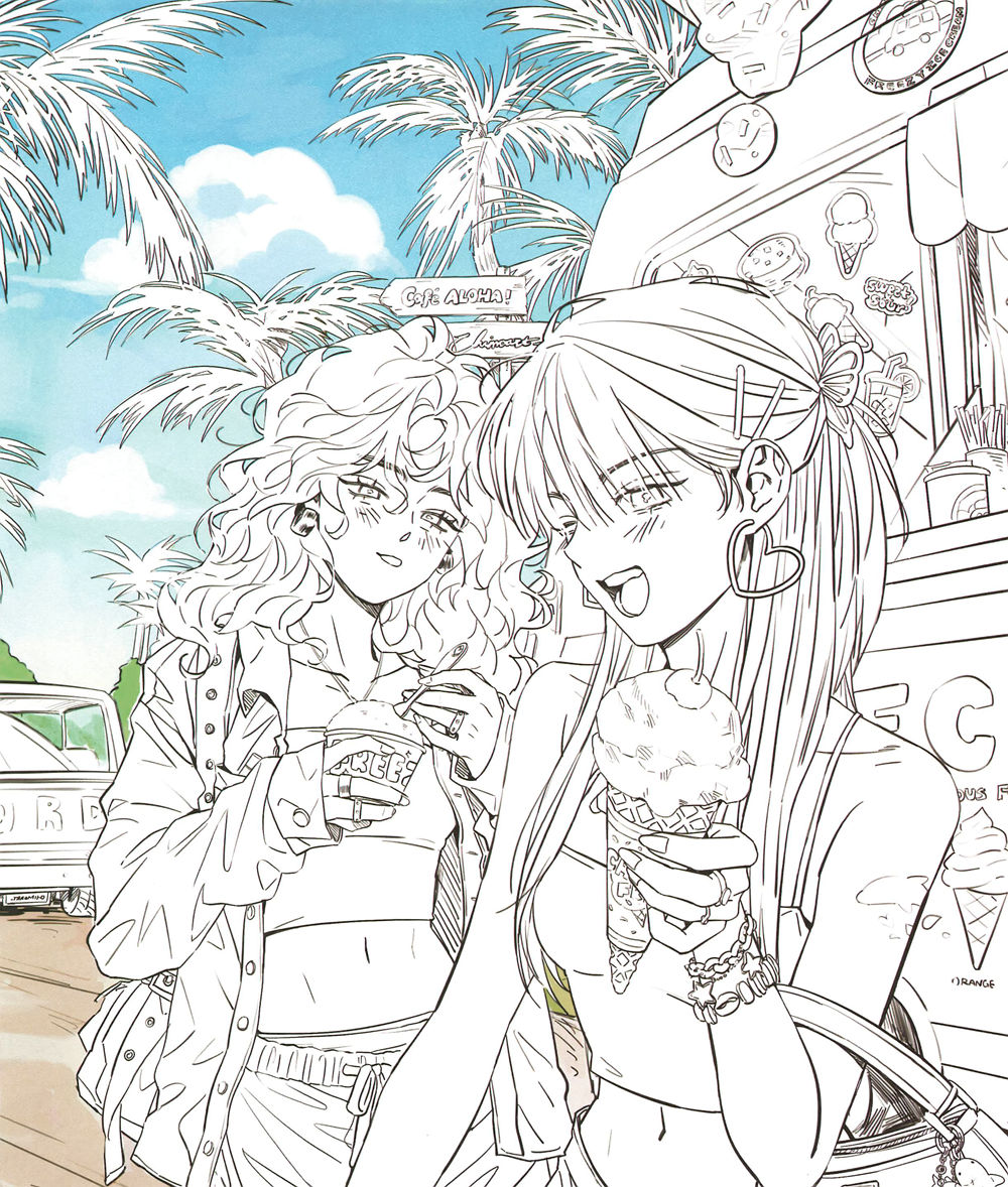 y2k-fashion-coloring-book-ice-cream-page Y2K fashion coloring book page of two girls holding ice cream cones beside a palm-lined ice cream truck.