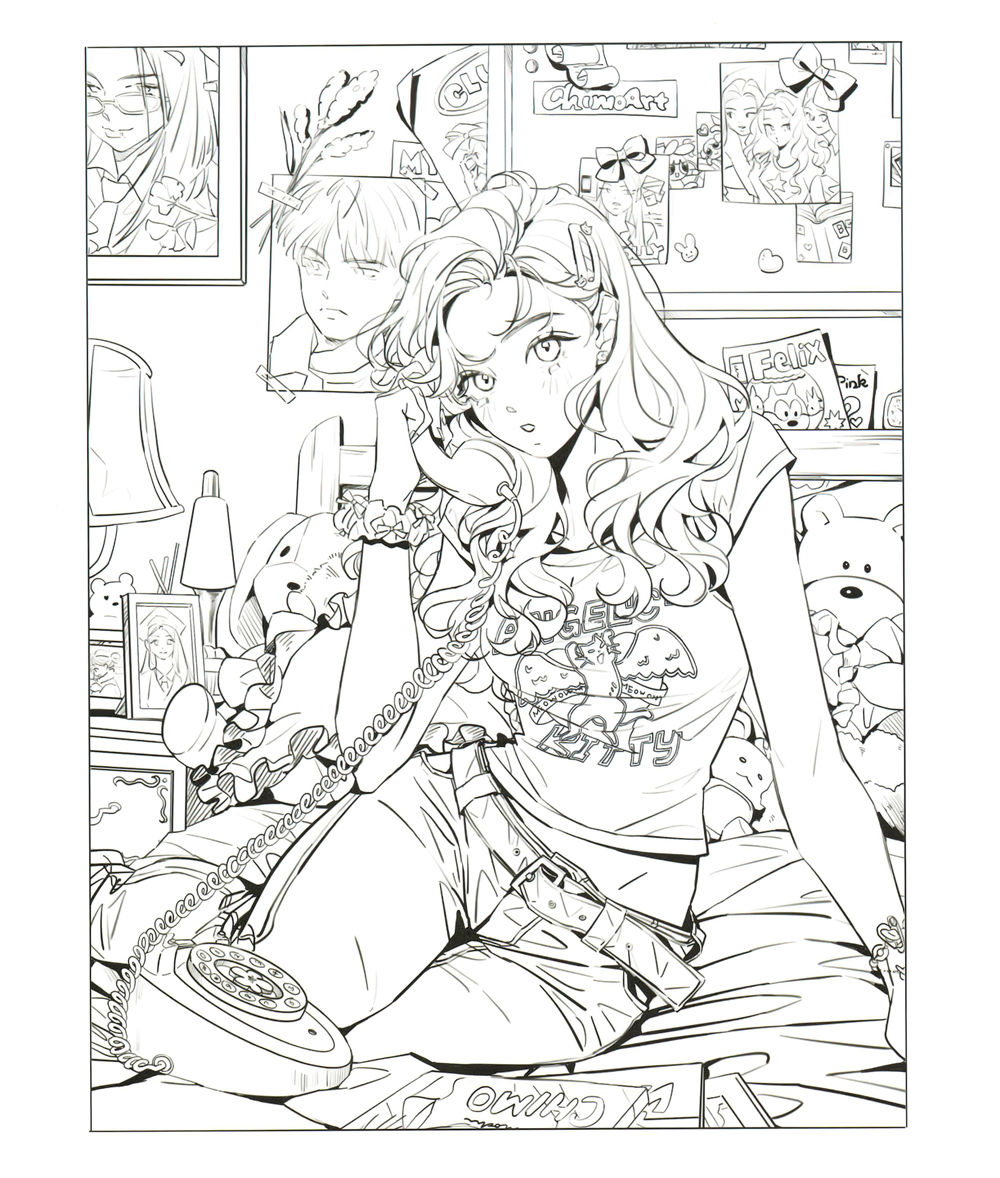 y2k-teen-bedroom-coloring-page Y2K teen bedroom coloring page featuring stuffed animals, taped-up photos, and a corded phone call.